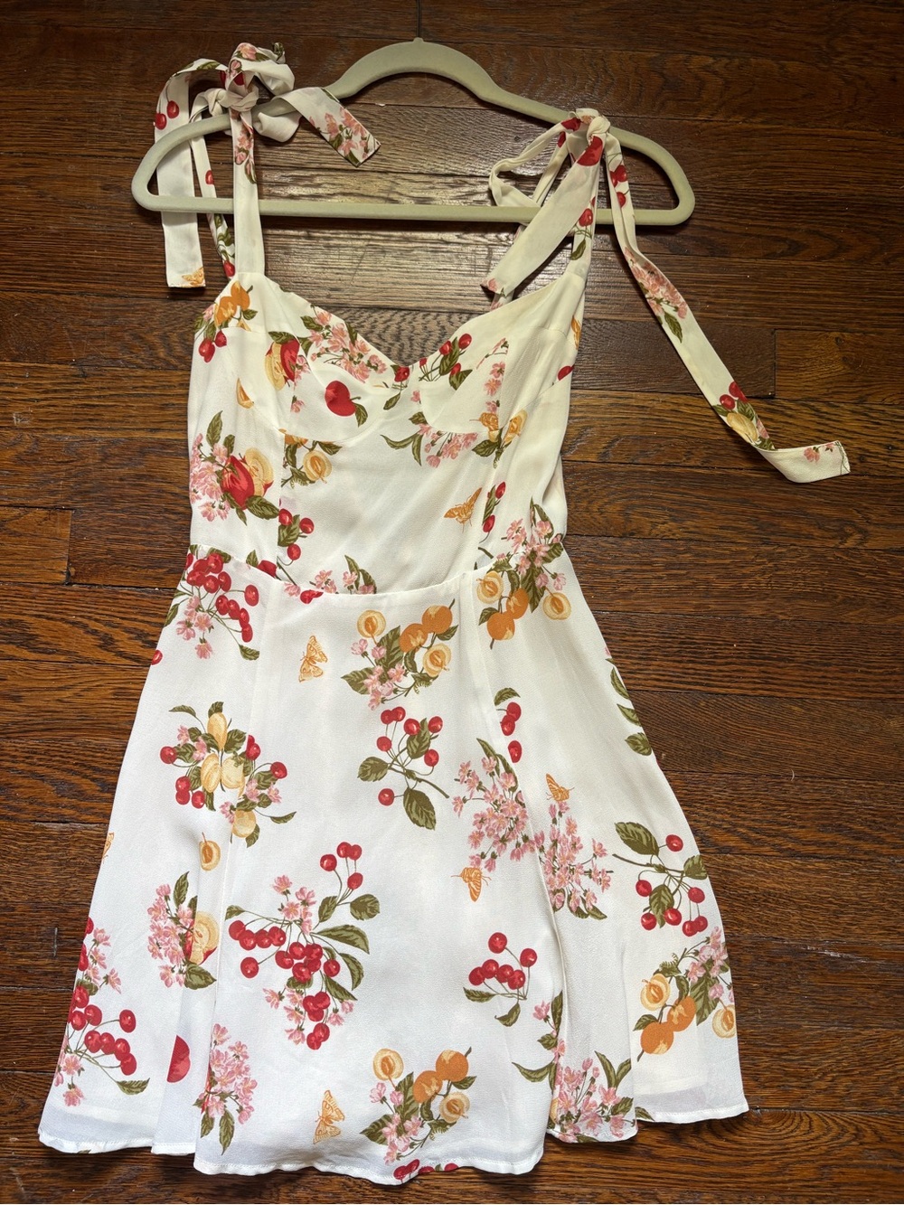 Reformation White Mini Dress with Cherry & Floral Print